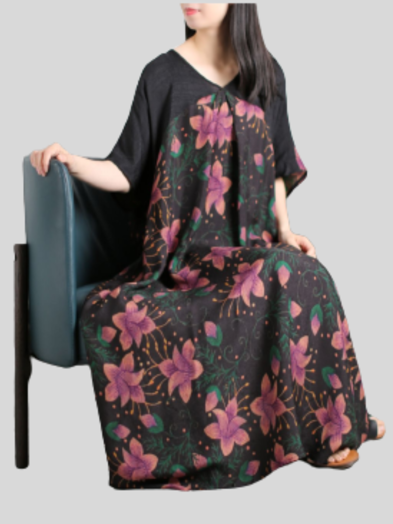 Floral V-Neck Short-Sleeve Flowy A-Line Maxi Dress 2