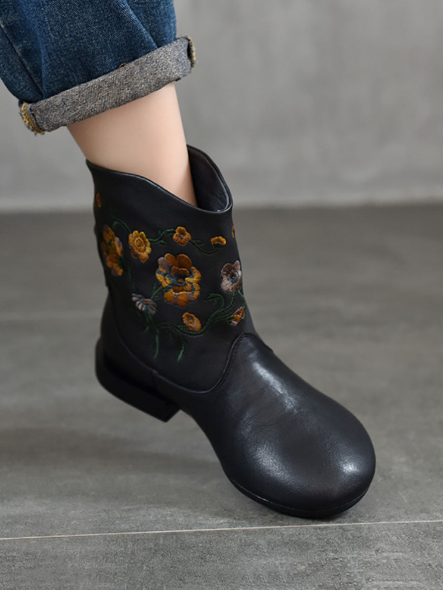 Vintage Flower Embroidery Leather Low Heel Boots