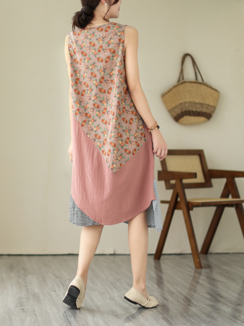 Plaid Patchwork V-Neck Sleeveless Cocoon Midi Dress 4