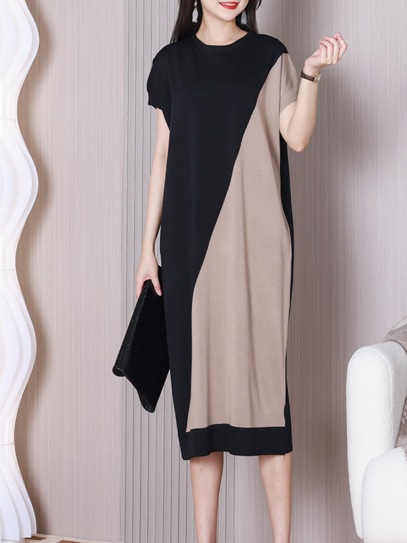 Two-Tone Knit Round-Neck Short-Sleeve Cocoon Midi Dress 6