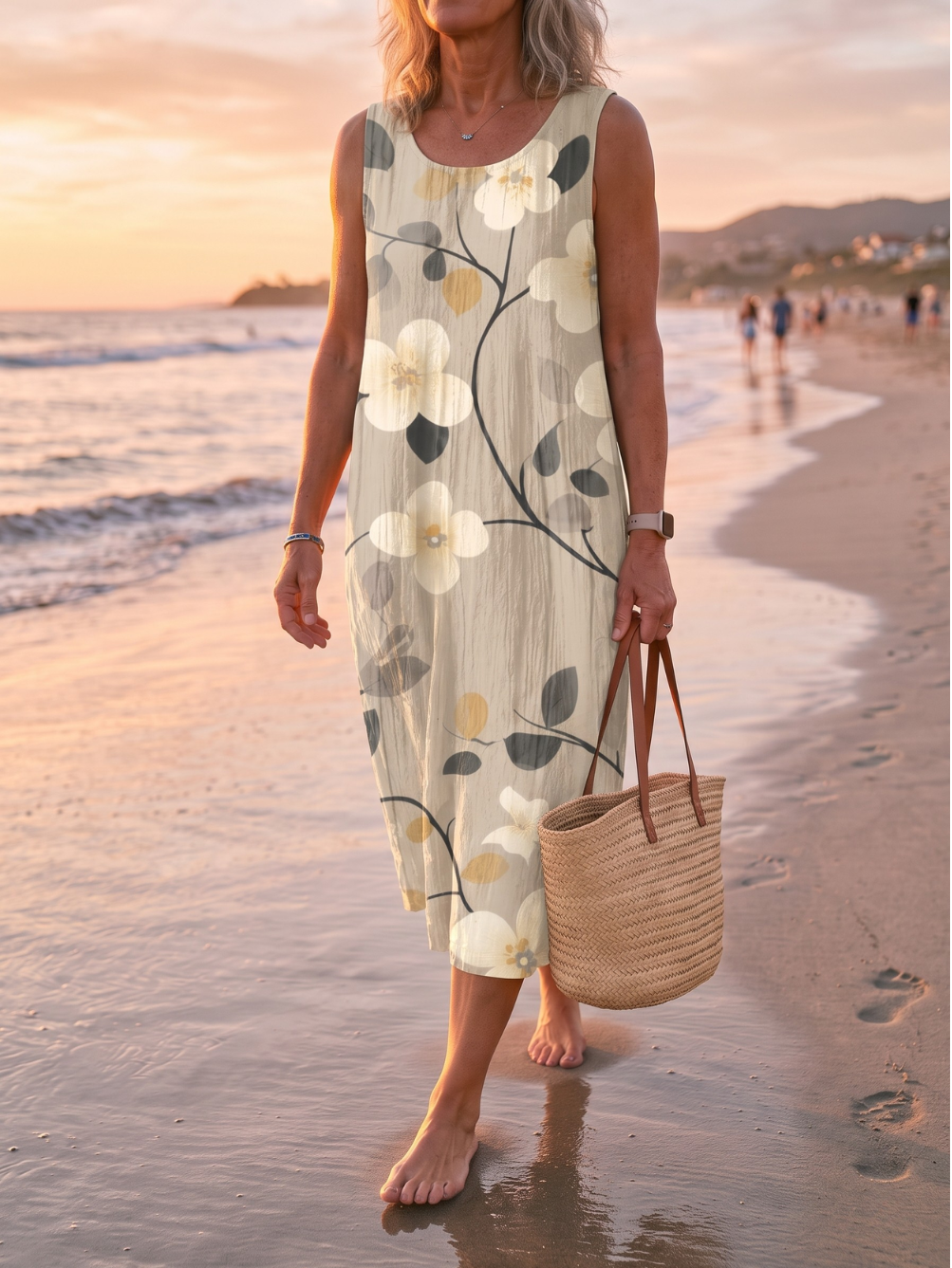 Dogwood Floral Print Scoop Neck Sleeveless Midi Dress