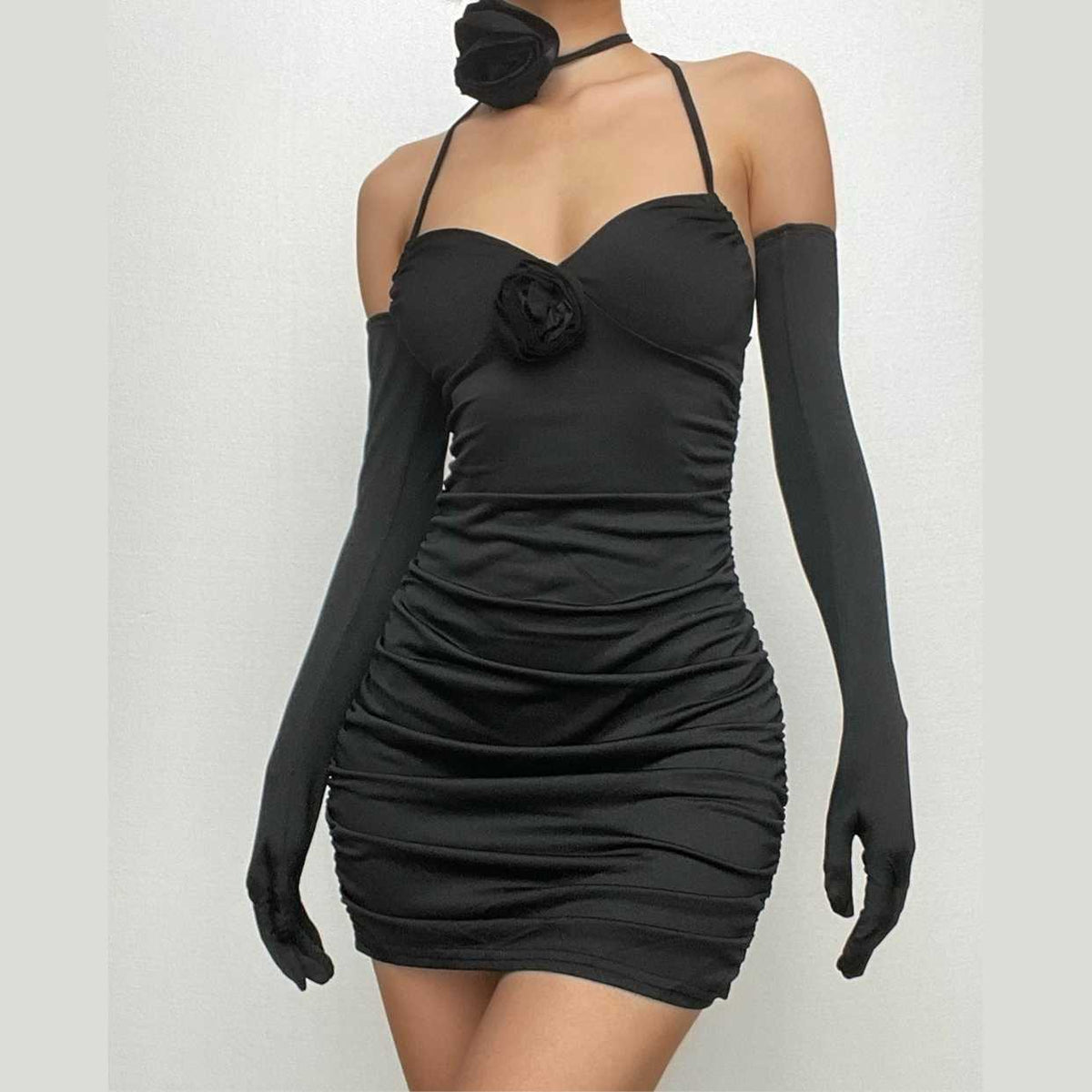 3D Flower Halter Neck Ruched Bodycon Mini Dress