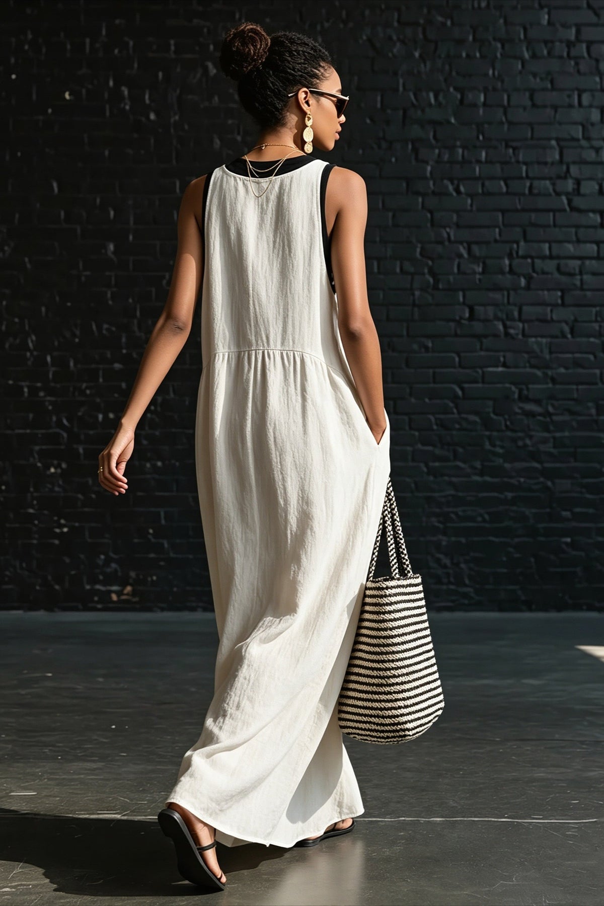 Linen Deep V-Neck Contrast Tie Flowy Maxi Dress