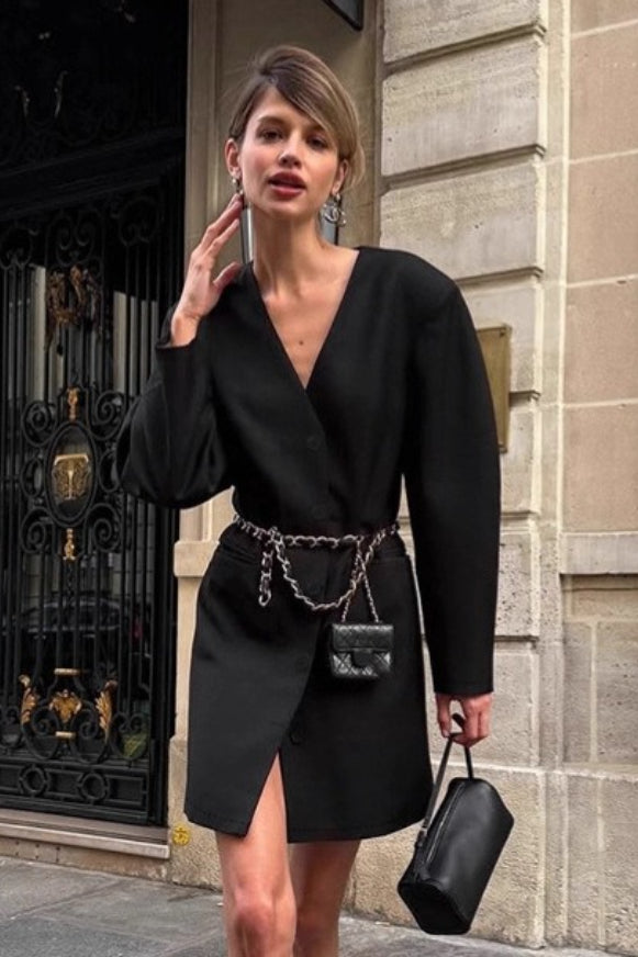 Loose Fit V Neck Blazer Coat - Fashionpara