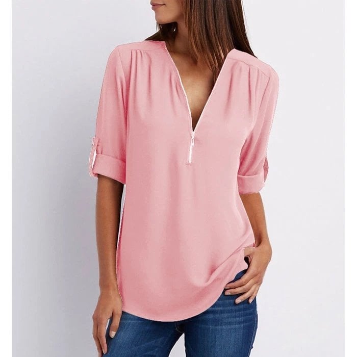 V-Neck Zip Front Roll Tab Sleeve Chiffon Blouse