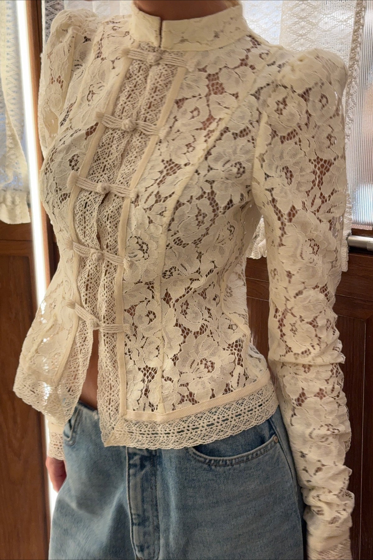 Lace Cutout Cardigan with Stand-Collar and Frog Buttons