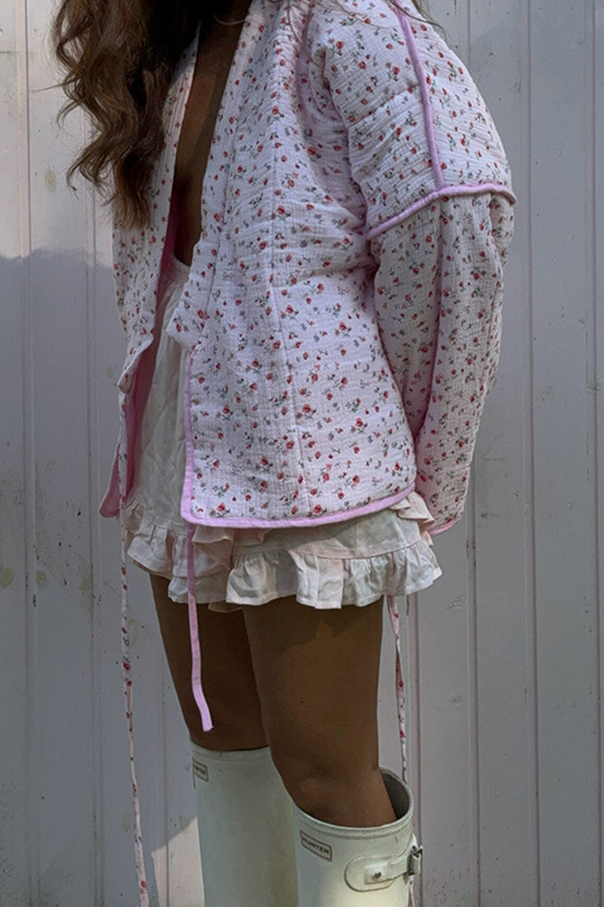 Floral Tie V-neck Flared Sleeve Coat for Stylish Comfort