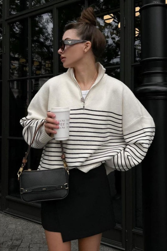 PrincessAce Striped Zip-Front Polo Knit Sweater for Style