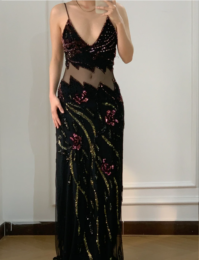 Vintage Black Mermaid Beaded Sequined Floral Cutout Tulle Long Prom Dress Evening Dress P4230