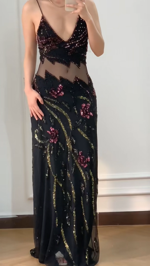 Vintage Black Mermaid Beaded Sequined Floral Cutout Tulle Long Prom Dress Evening Dress P4230