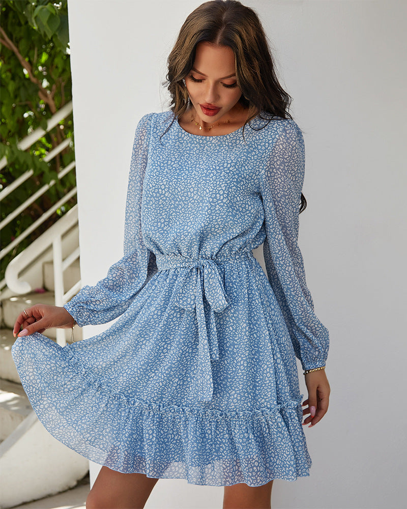 Floral Print Long Puff Sleeve Tiered Mini Dress