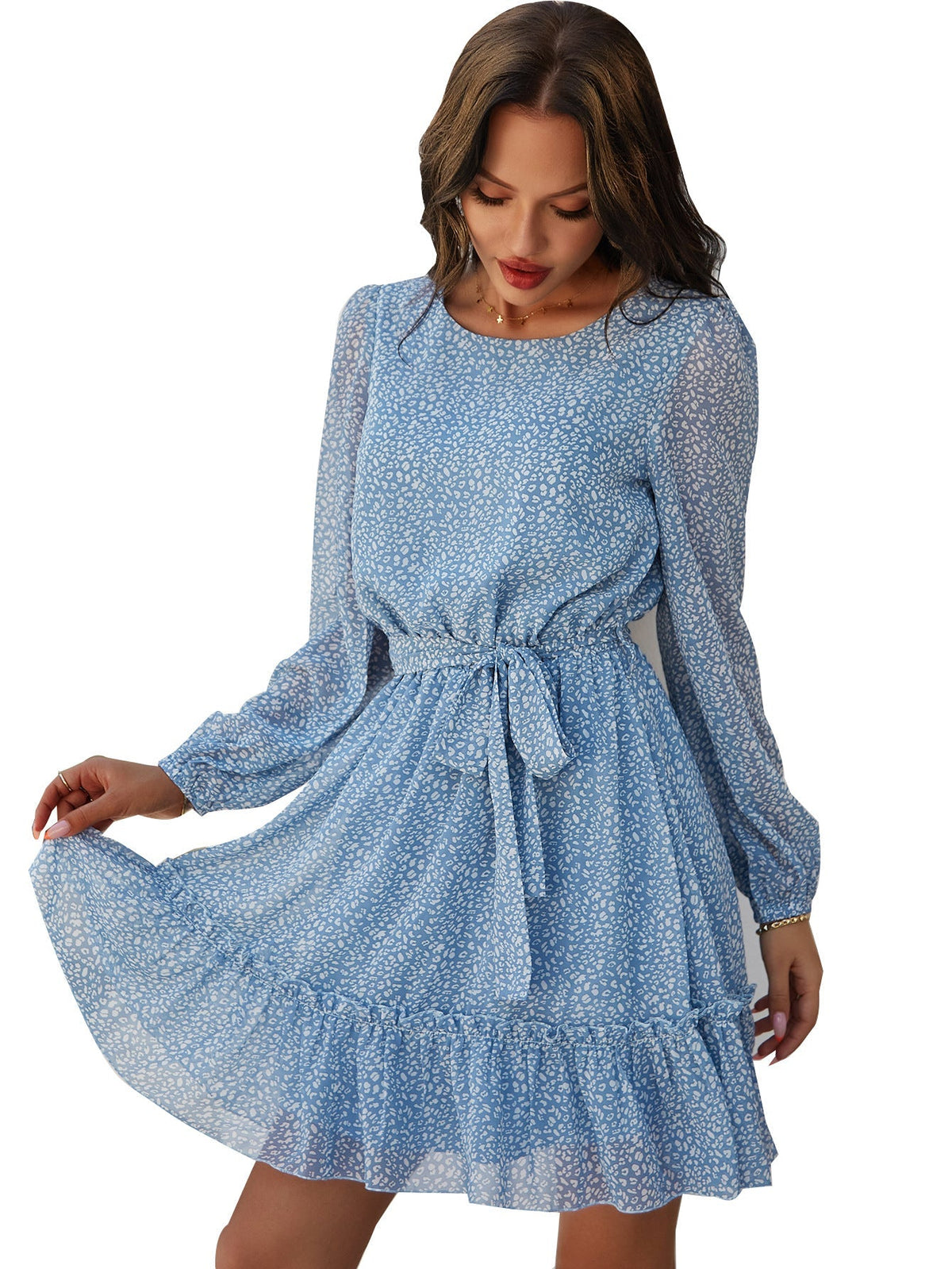 Floral Print Long Puff Sleeve Tiered Mini Dress