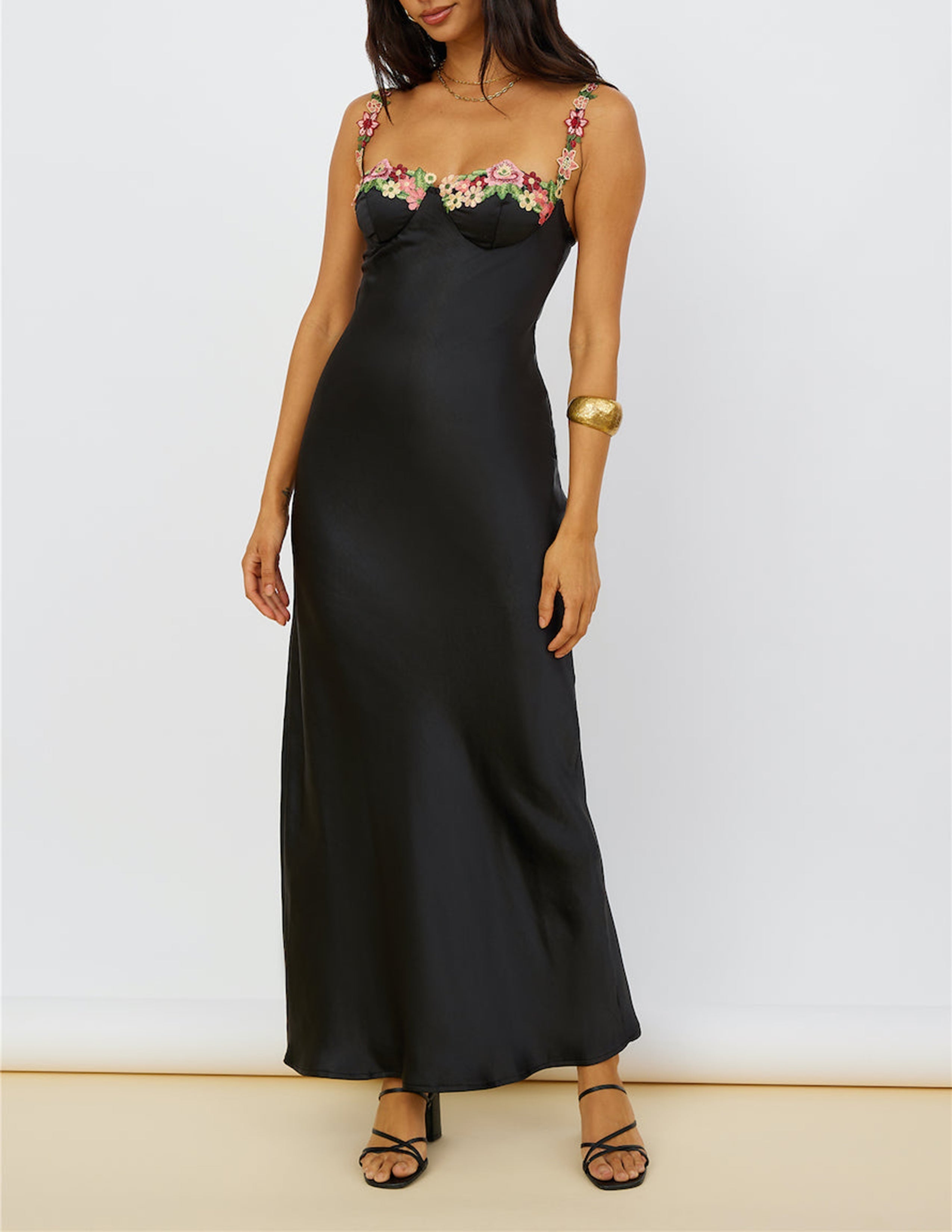 Magnetic Forces Flower Embroidery Maxi Dress Black - Fashionpara