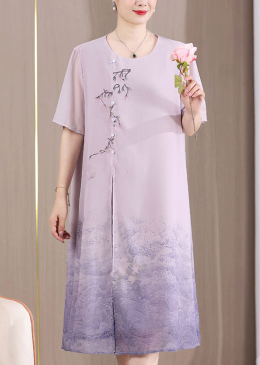 Floral Embroidery Asymmetrical Toggle Button Short Sleeve Ombre Wave Hem Midi Dress
