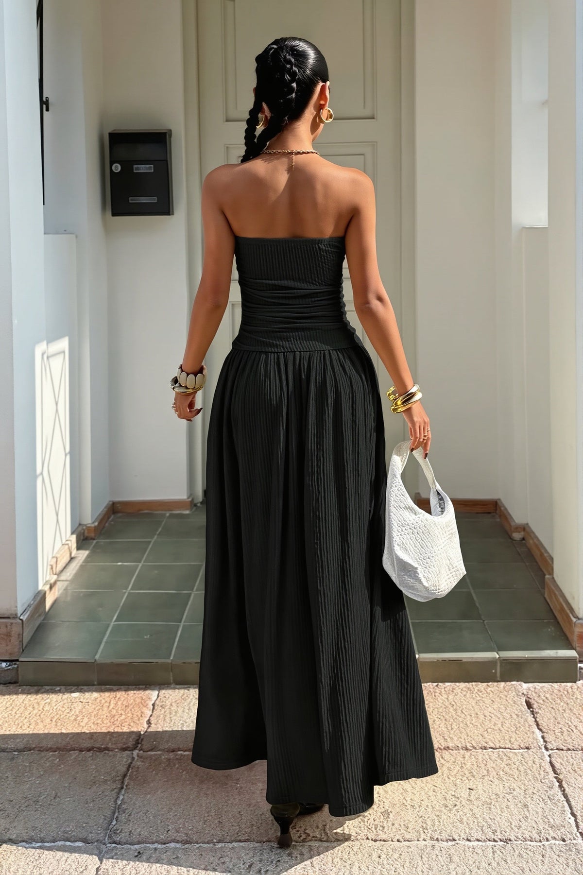 Strapless Ruched Drop Waist A-Line Maxi Dress