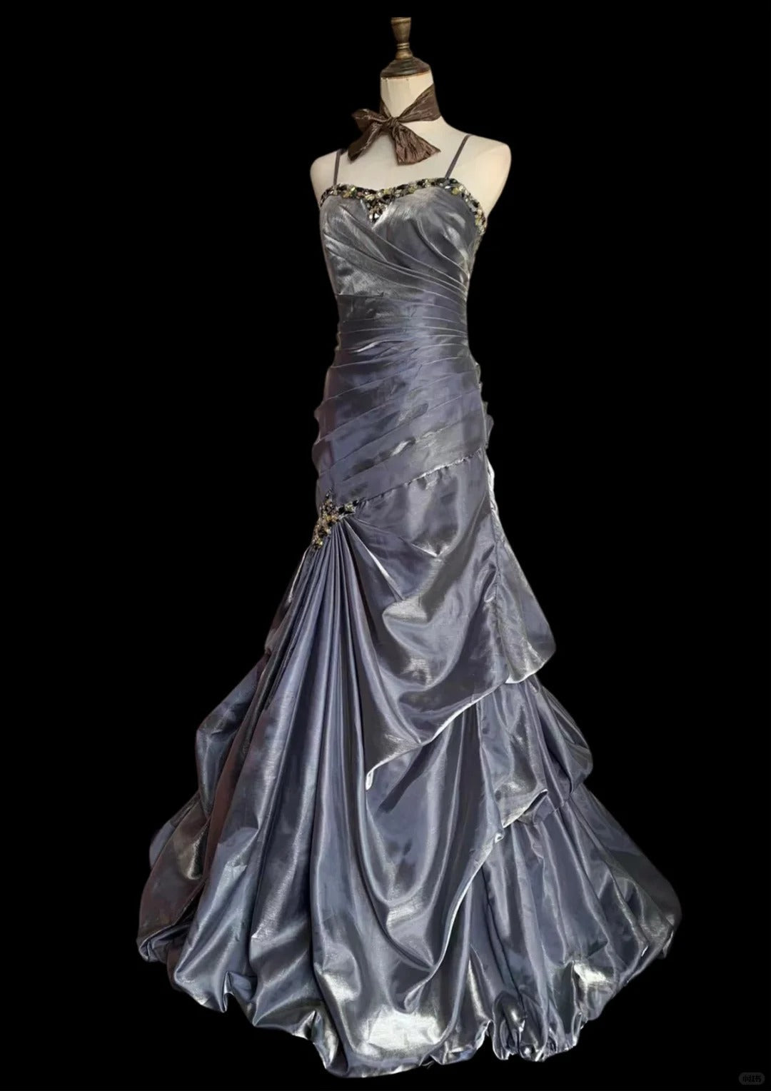 Vintage Grey Mermaid Spaghetti Strap Satin Train Prom Dress Evening Dress P4231