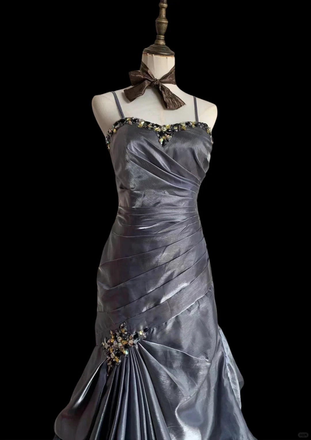 Vintage Grey Mermaid Spaghetti Strap Satin Train Prom Dress Evening Dress P4231