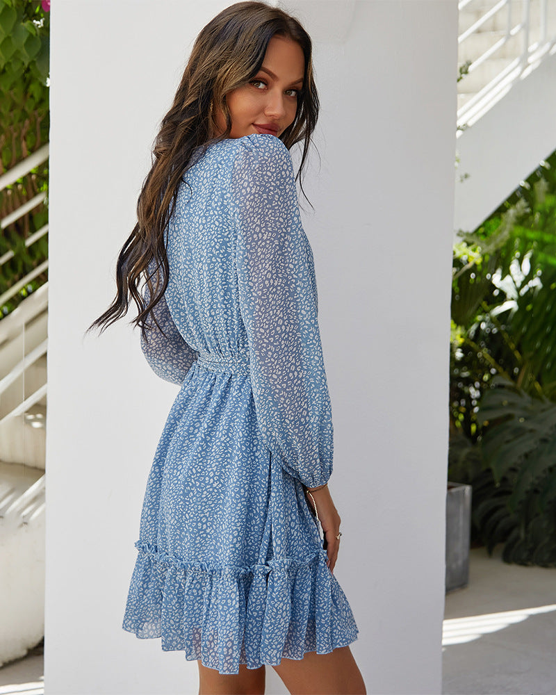 Floral Print Long Puff Sleeve Tiered Mini Dress