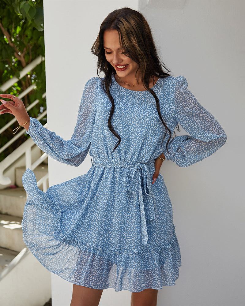 Floral Print Long Puff Sleeve Tiered Mini Dress