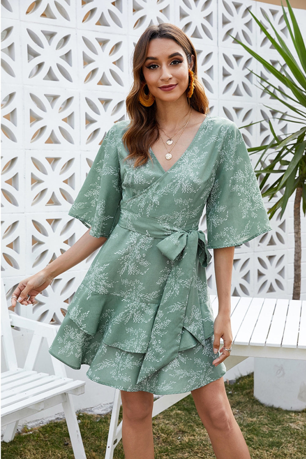 Printed V-neck Tie Ruffle Dress - Fashionpara