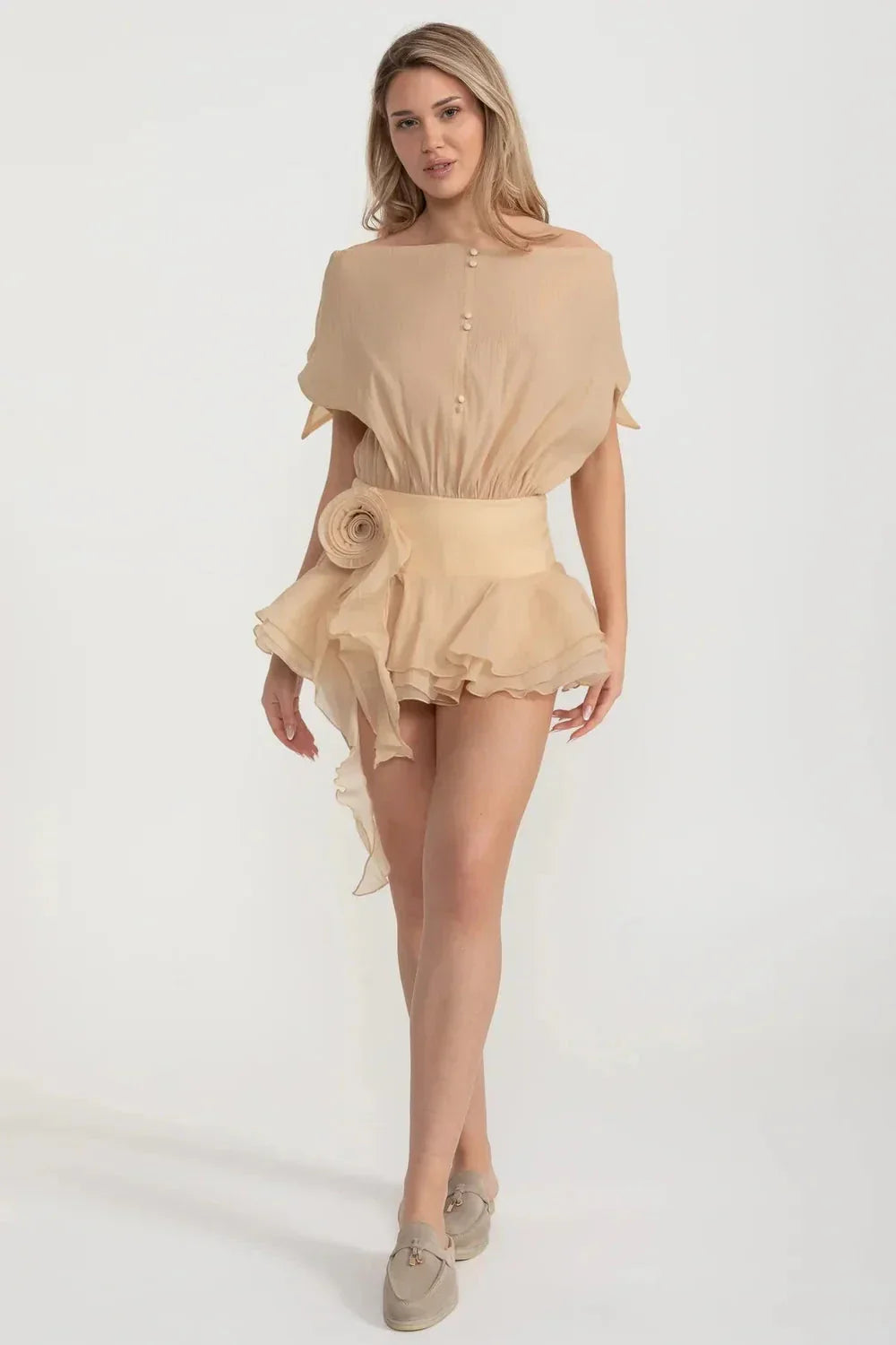 Off Shoulder Batwing Sleeve Button Front Rosette Waist Mini Dress - View 3