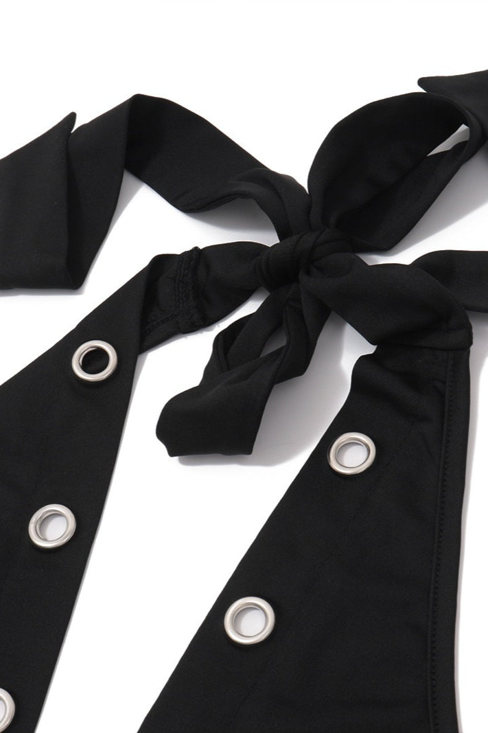 Black Grommet Halter Mini Skirt Set