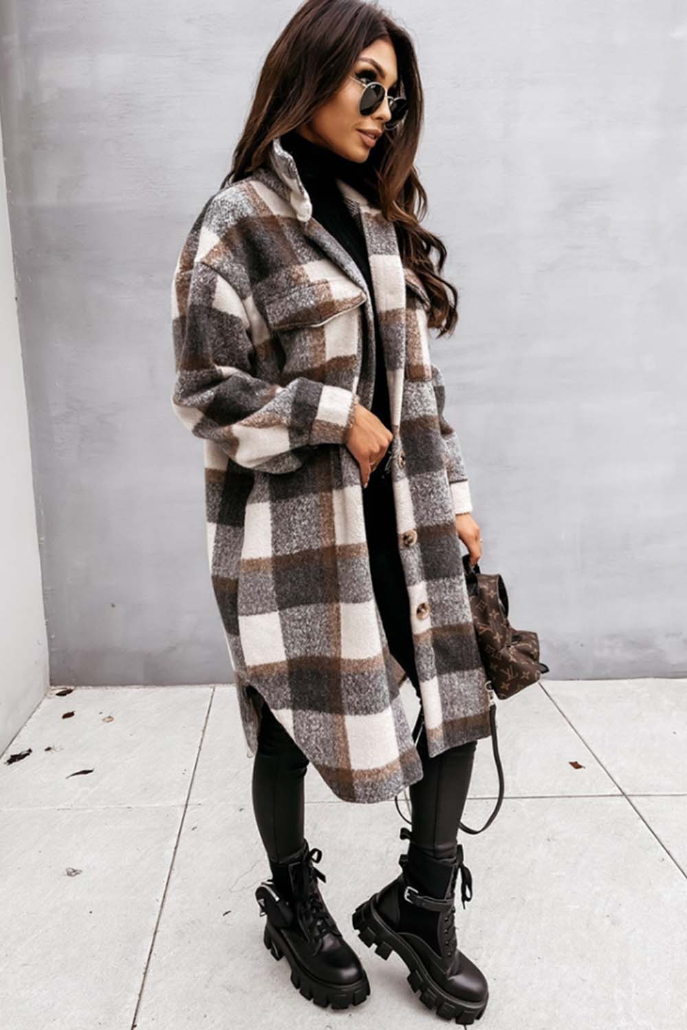 Elegant Plaid Woolen Coat with Classic Tailored Fit