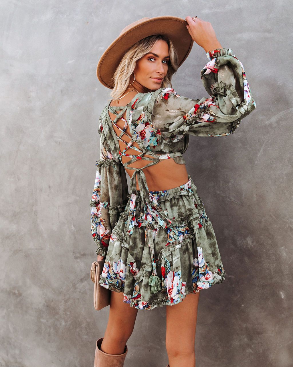 Floral Print V-Neck Long Sleeve Cutout Ruffle Mini Dress