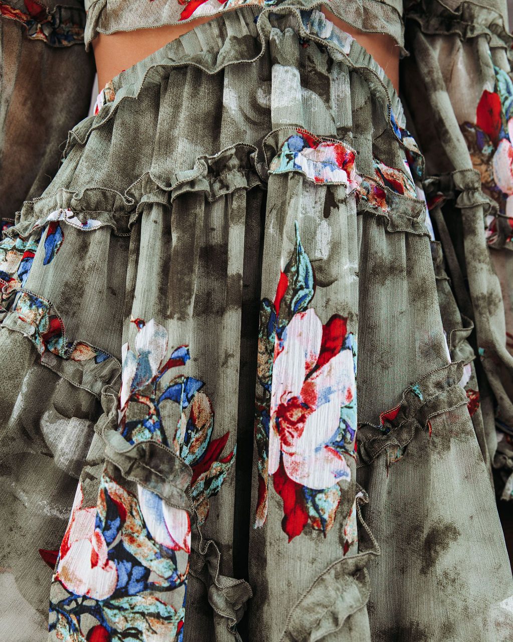 Floral Print V-Neck Long Sleeve Cutout Ruffle Mini Dress