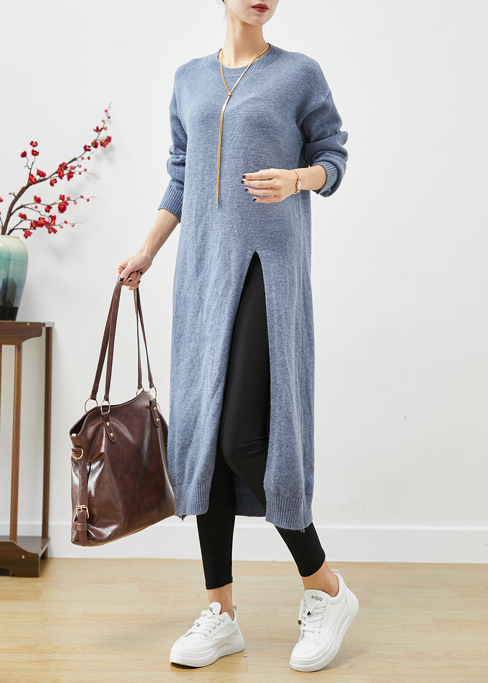 Knit Crew Neck Long Sleeve Ribbed High Split Sweater Midi Dress - View 3