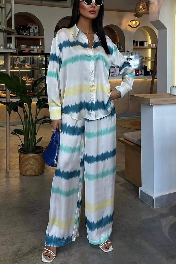 Lizbeth Satin Tie Dye Print Long Sleeve Shirt and Elastic Waist Pocketed Pants Set - Fashionpara