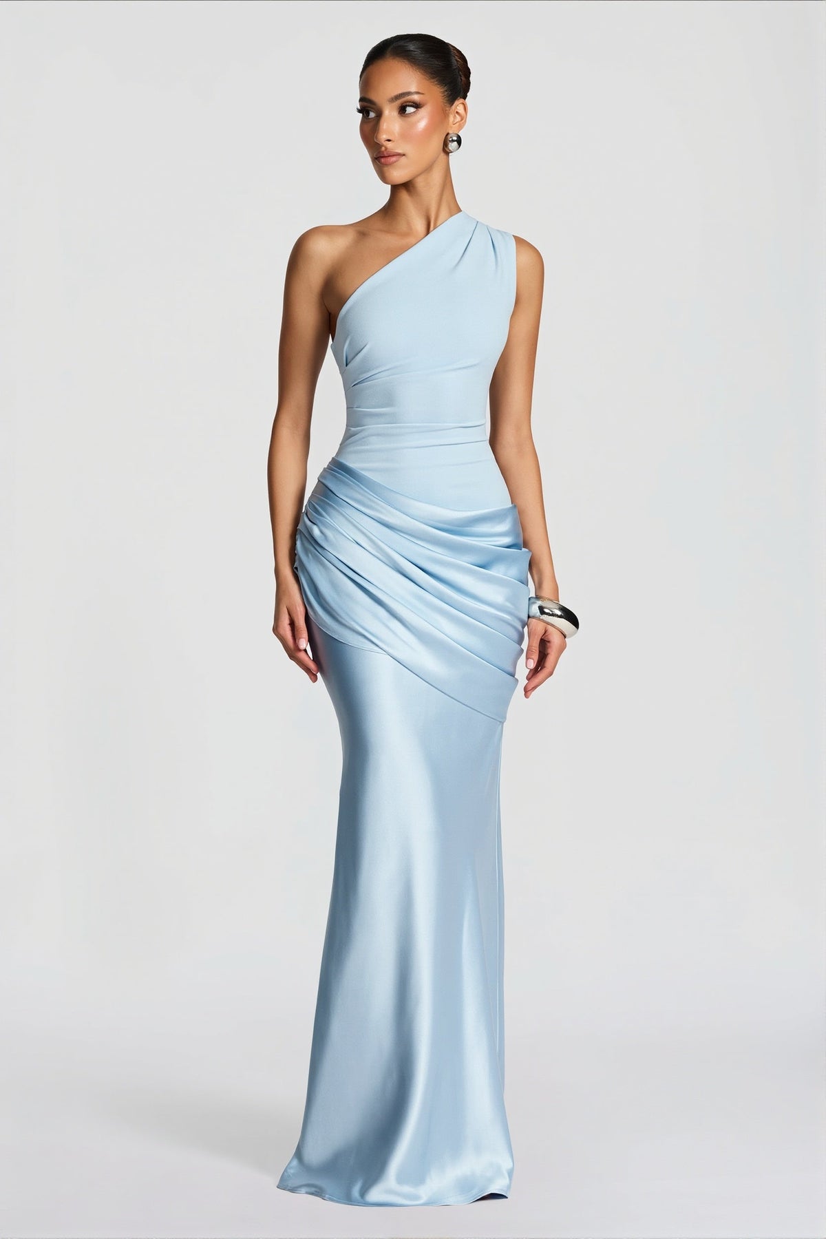 One Shoulder Draped Satin Fishtail Maxi Gown 4