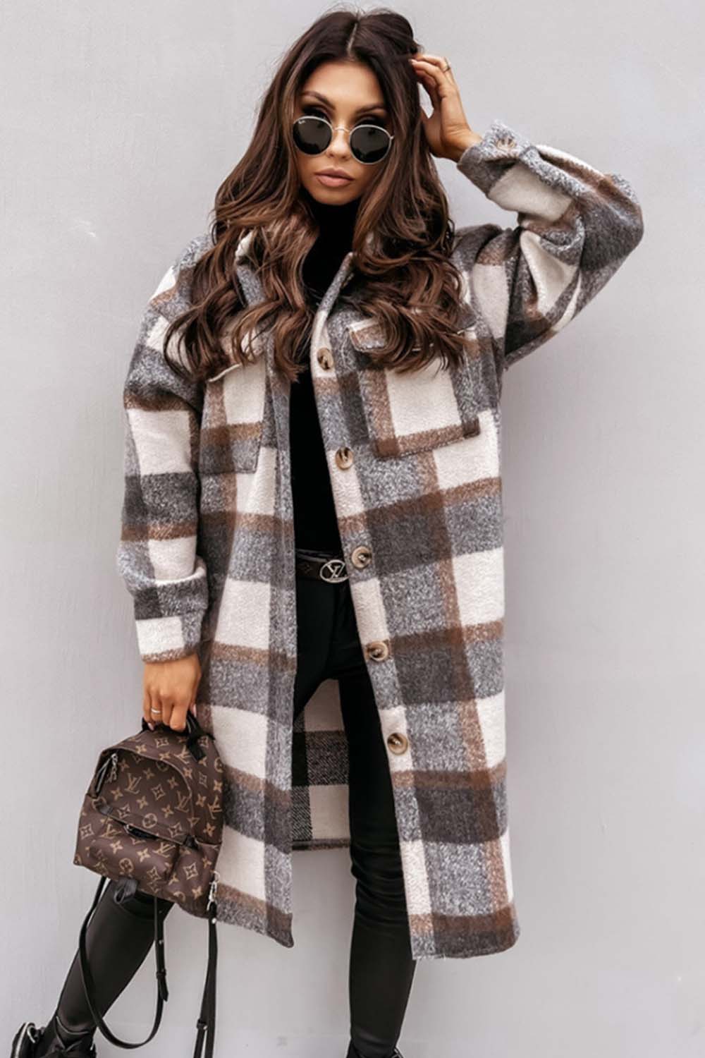 Elegant Plaid Woolen Coat with Classic Tailored Fit