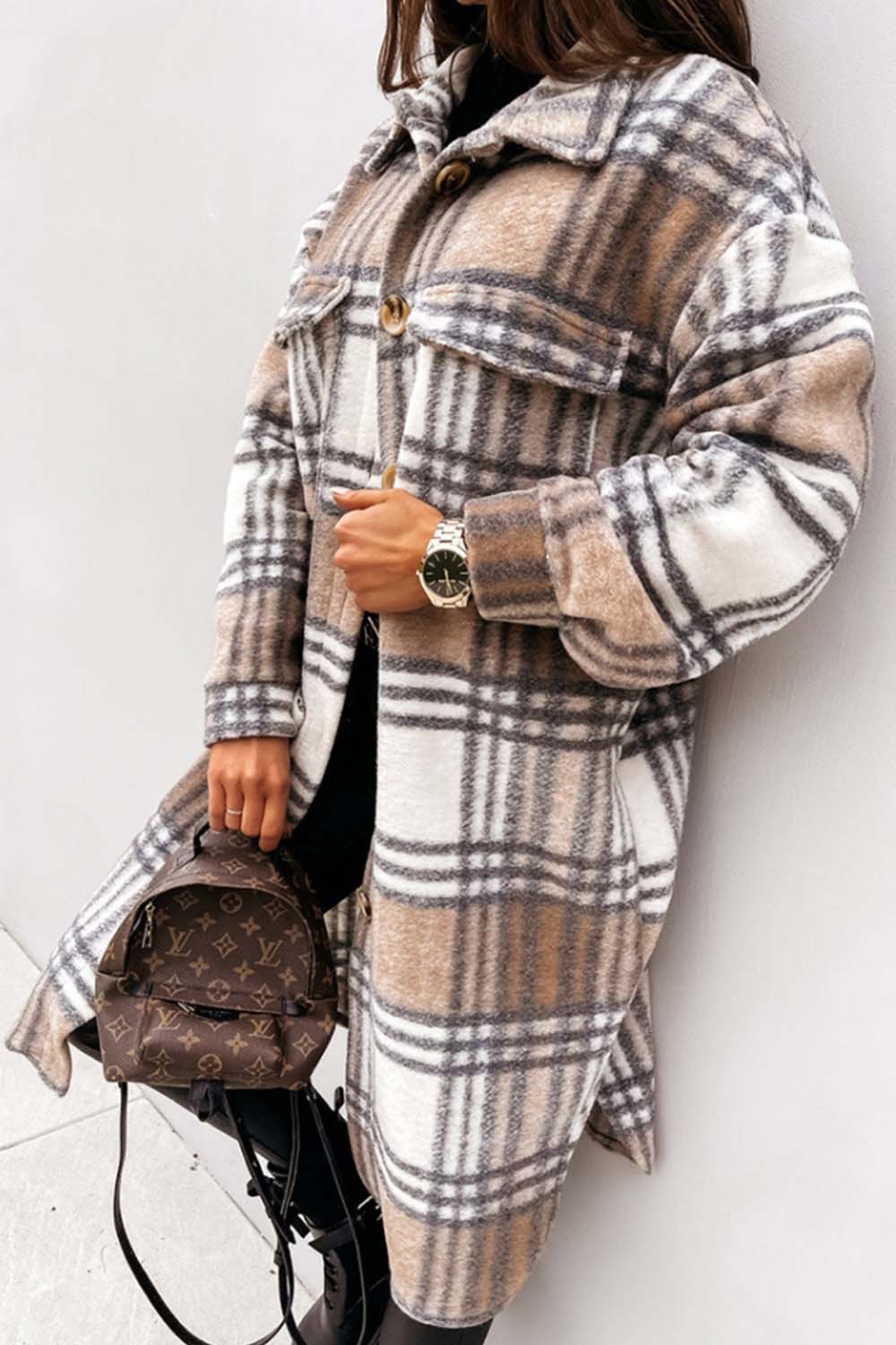 Elegant Plaid Woolen Coat with Classic Tailored Fit