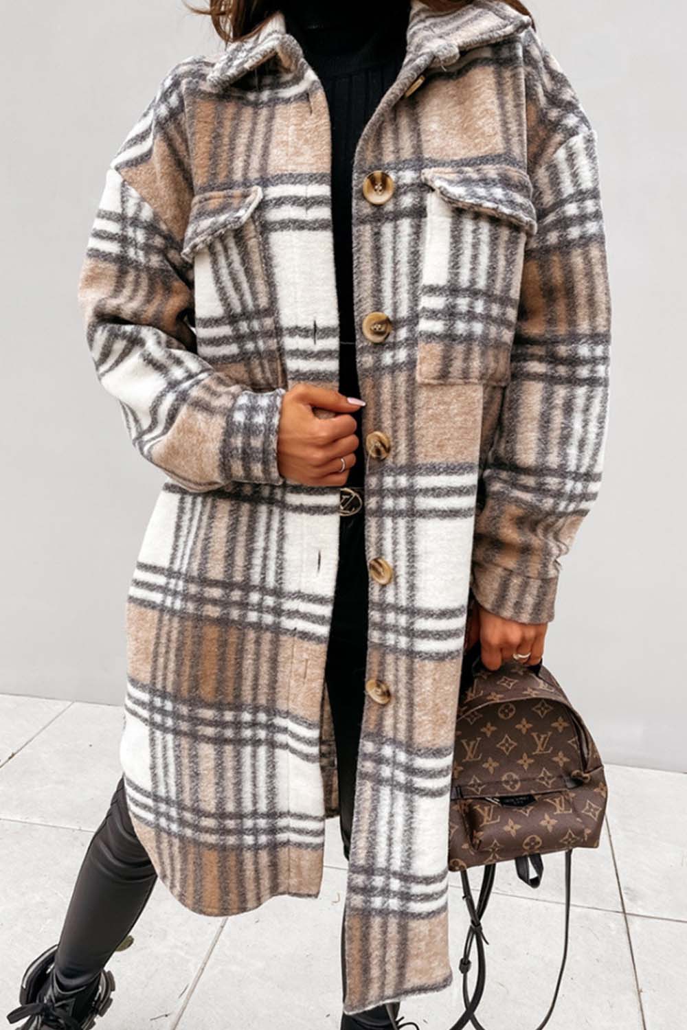 Elegant Plaid Woolen Coat with Classic Tailored Fit