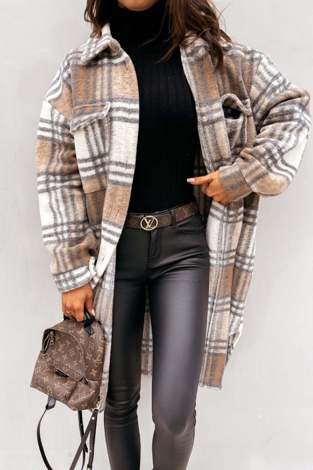 Elegant Plaid Woolen Coat with Classic Tailored Fit