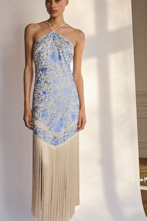 Floral Halter Neck Tassel Fringe Bodycon Midi Dress