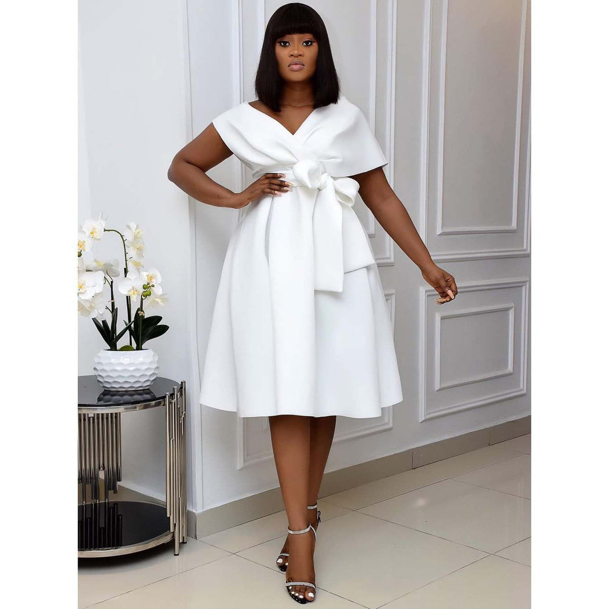 Cap Sleeve Bow Waist Box Pleat Fit and Flare Midi Dress - View 2