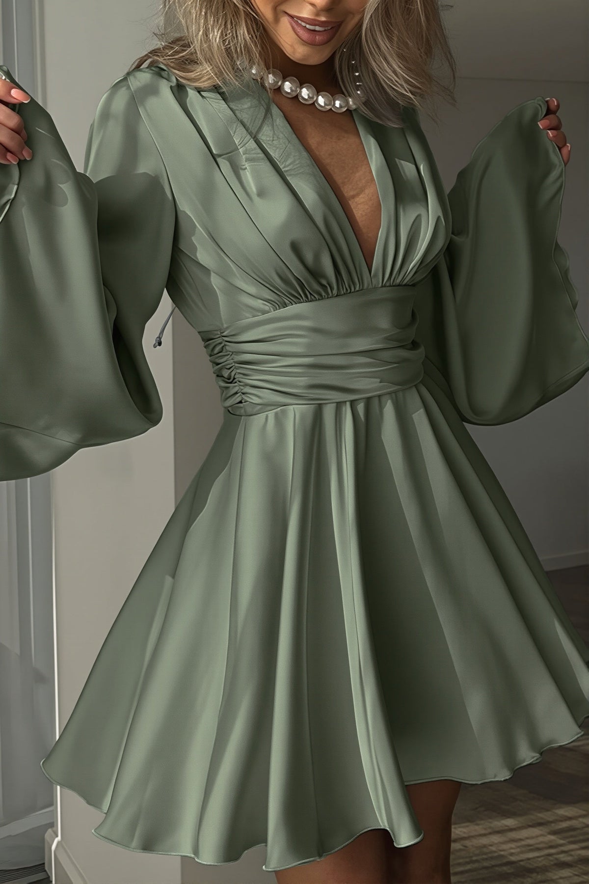 Satin Deep V-Neck Long Sleeve Flared Mini Dress