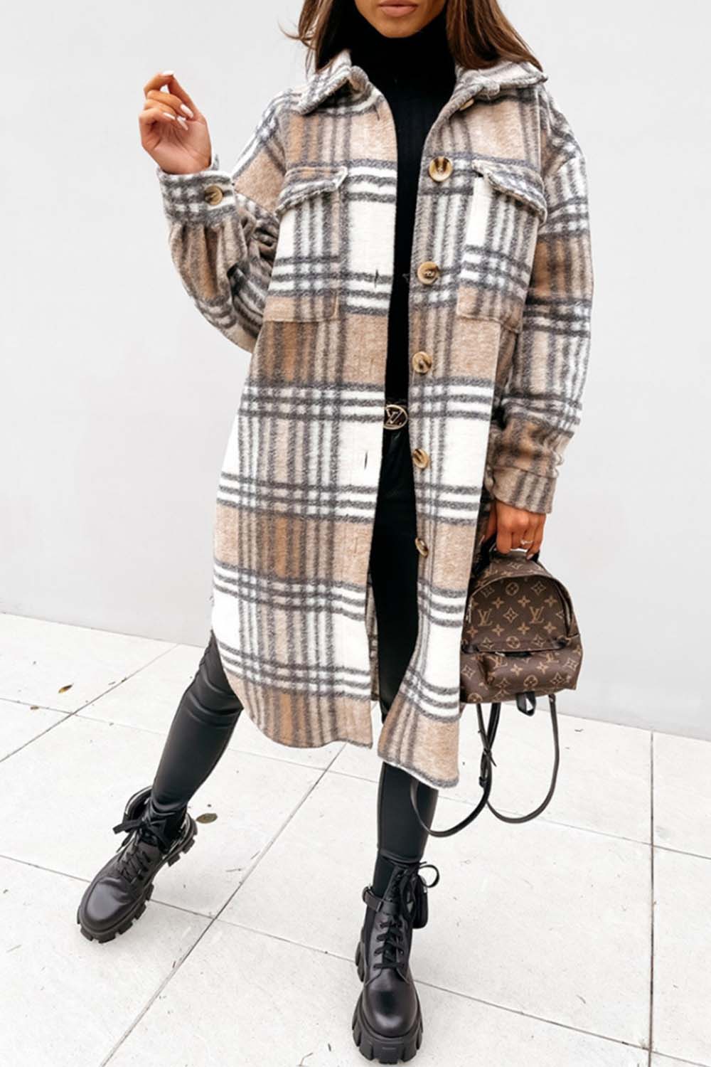 Elegant Plaid Woolen Coat with Classic Tailored Fit