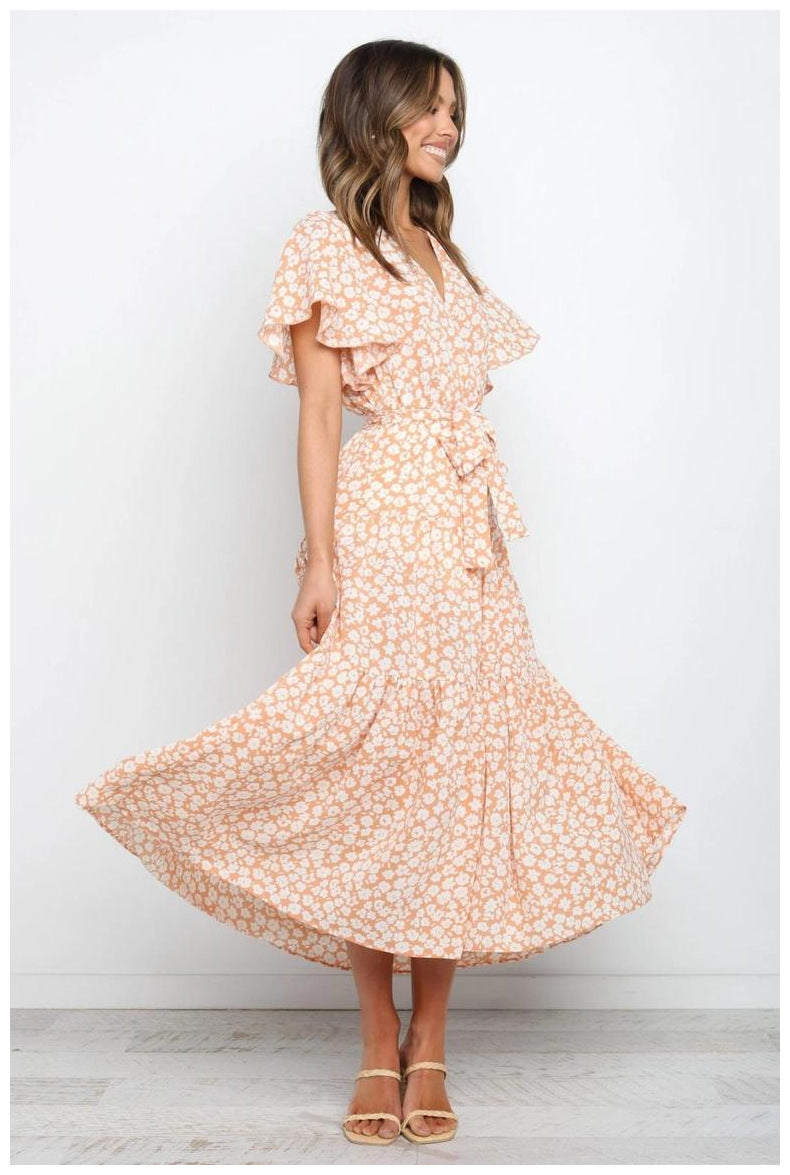 Ditsy Floral V-Neck Flutter Sleeve Wrap Maxi Dress