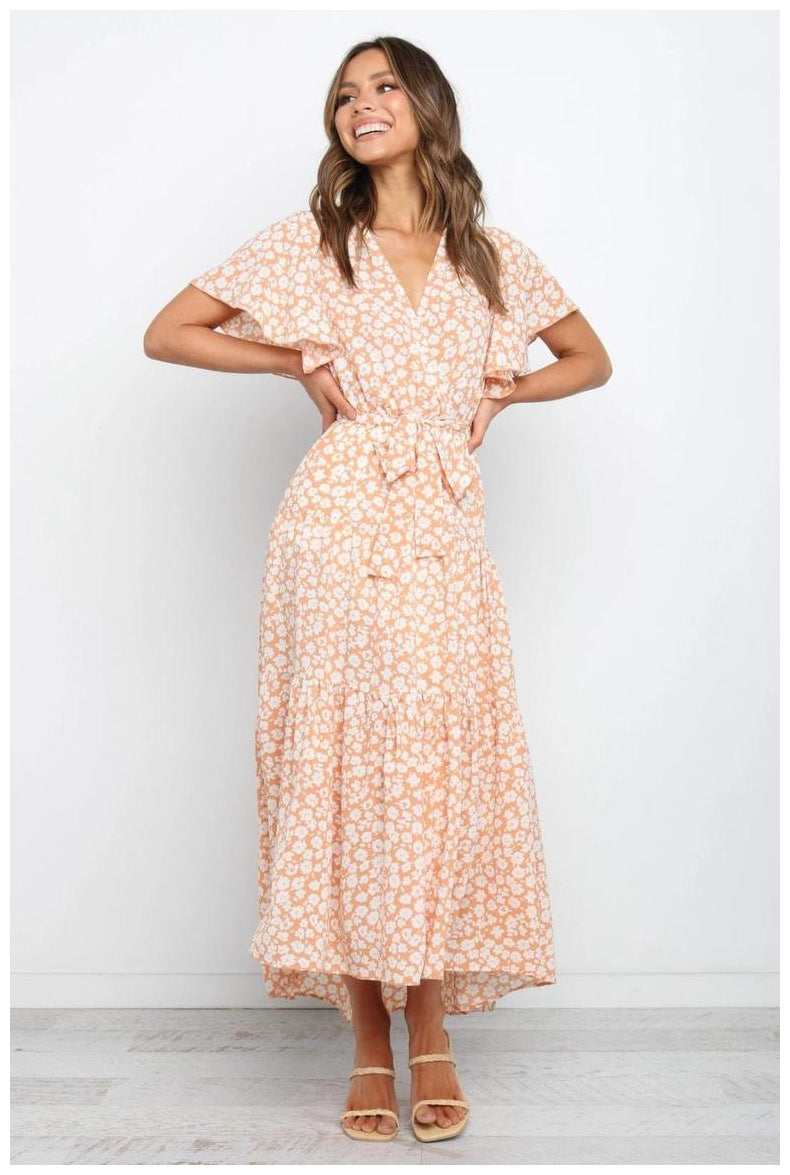 Ditsy Floral V-Neck Flutter Sleeve Wrap Maxi Dress