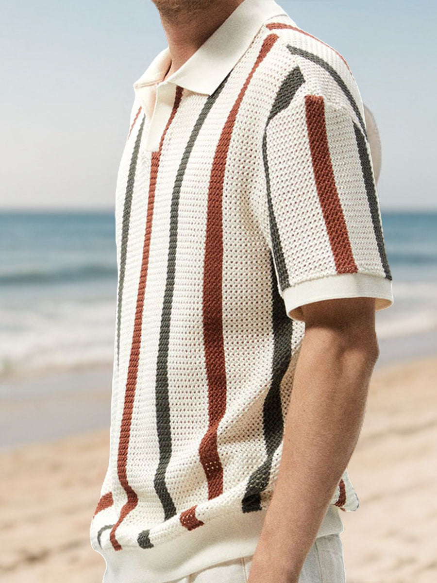 Uniqshe Men's Casual Hollow Stripe Colorblock Polo Sweater