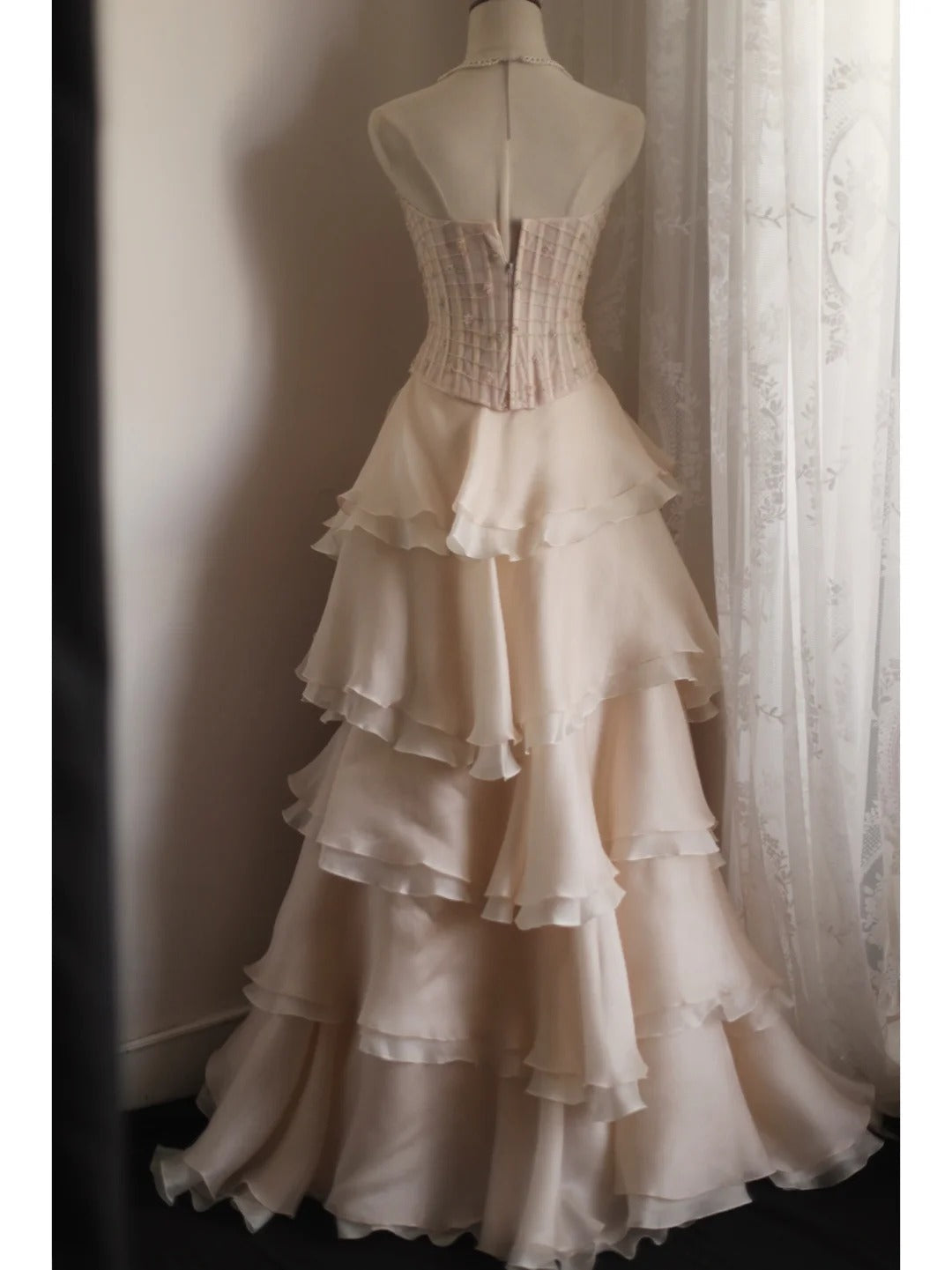 Sweet Pink A-line Strapless Beaded Layered Chiffon Long Prom Dress Evening Dress P4235