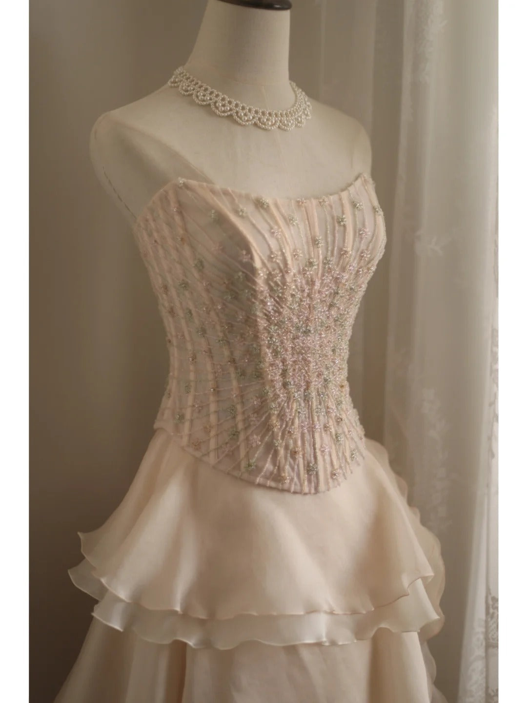 Sweet Pink A-line Strapless Beaded Layered Chiffon Long Prom Dress Evening Dress P4235