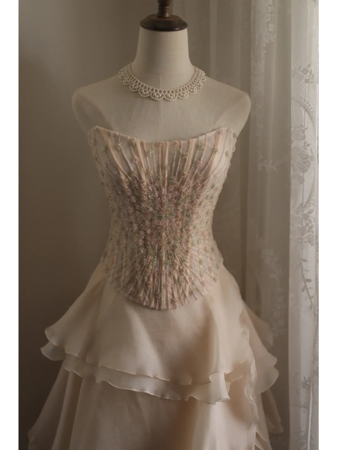 Sweet Pink A-line Strapless Beaded Layered Chiffon Long Prom Dress Evening Dress P4235