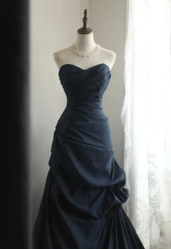 Elegant Navy Blue Mermaid Pleated Satin Long Prom Dress Evening Dress P4236
