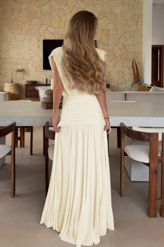 V-Neck Sleeveless Ruched Wrap Drop-Waist Maxi Dress