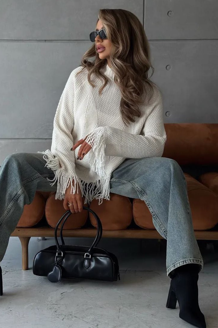 Fringe Round Neck Knit Asymmetric Blouse