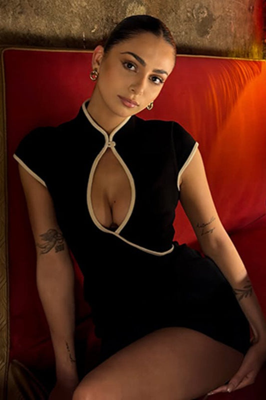 Cut Out Mock Neck Cap Sleeve Bodycon Mini Dress
